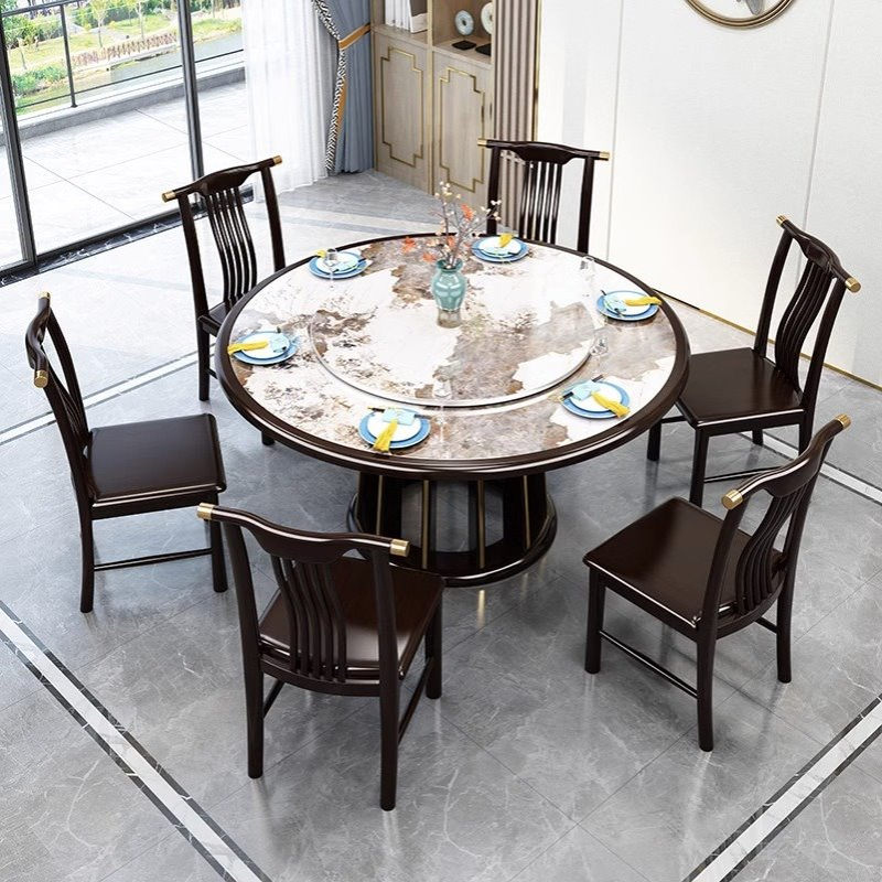 新中式岩板餐桌椅子组合可折叠方圆两用家用吃饭桌子简约现代家具