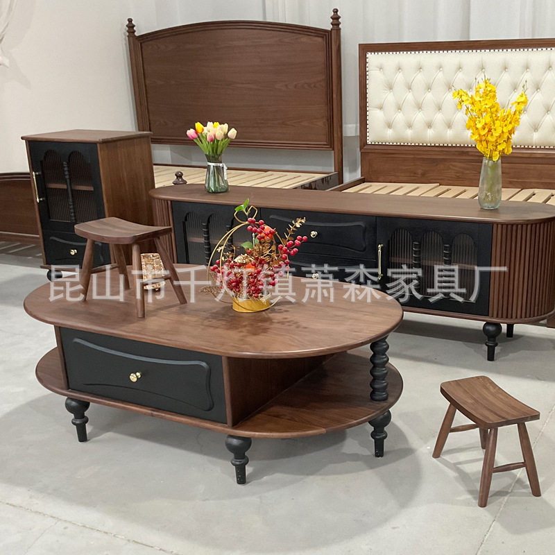 北欧黑胡桃木茶几北欧实木茶几小户型设计现代简约客厅电视柜组合
