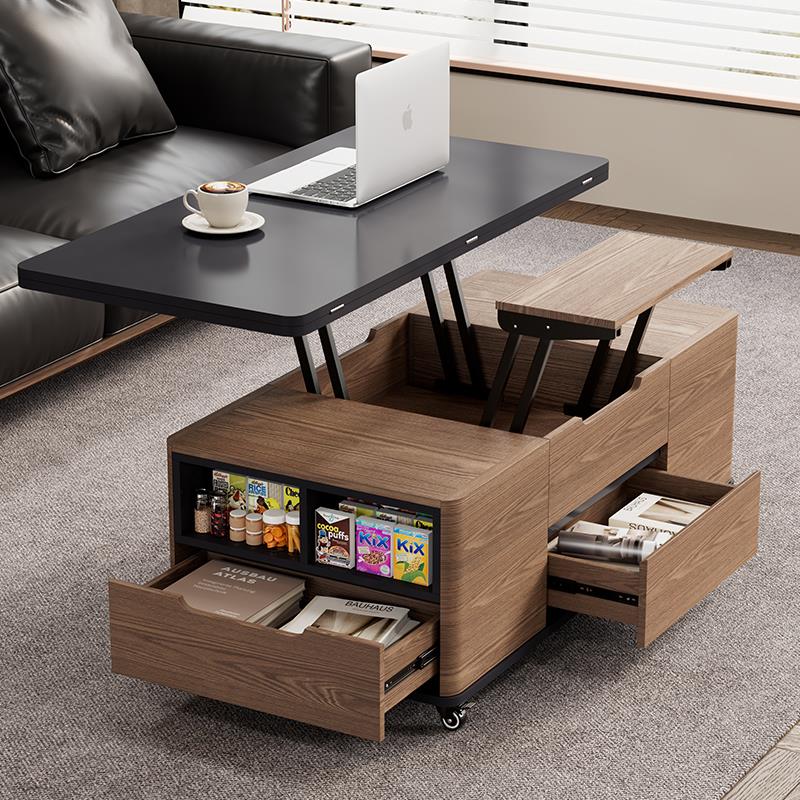 中古风实木升降茶几客厅家用小户型多功能可移动储物岩板茶几带凳