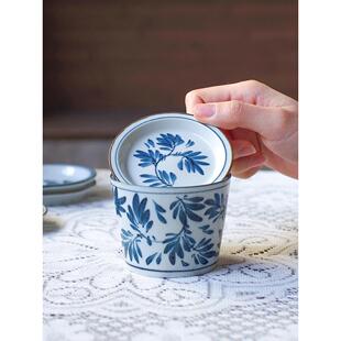 日式陶瓷猪口杯带盖杯垫圆形小碟子酸奶麦片小食杯子套装家用客厅