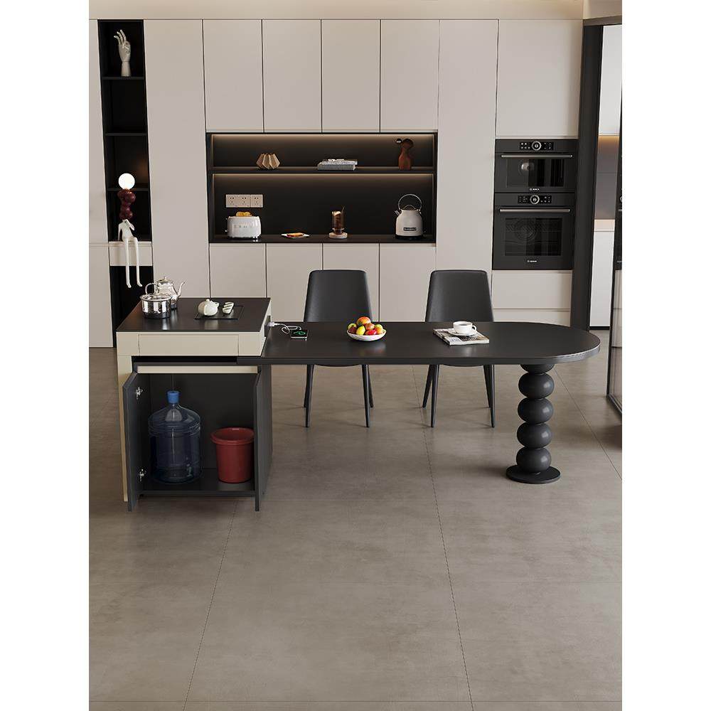 法式岩板实木岛台餐桌现代小户型家用厨房一体黑色可伸缩半圆岛台