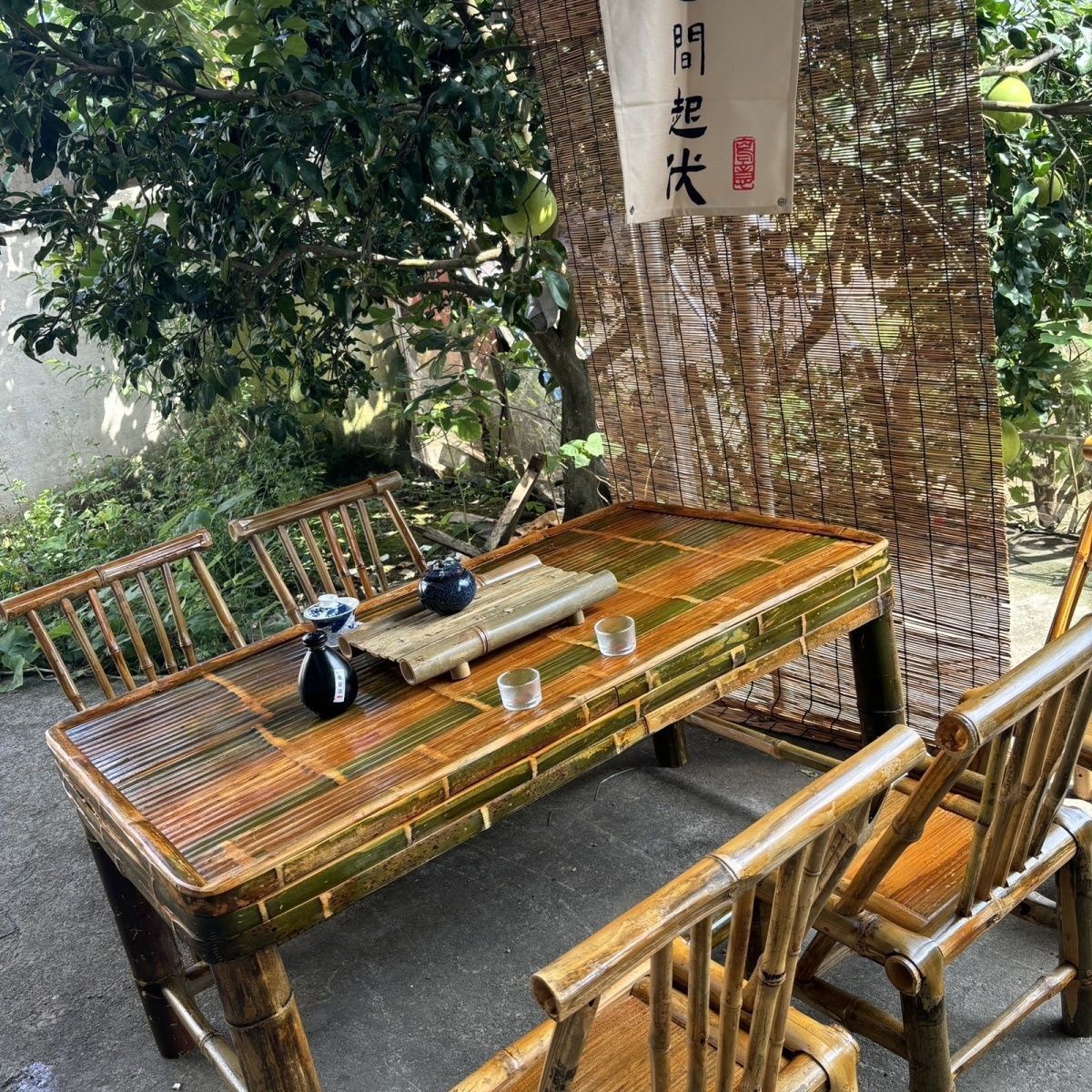 纯手工竹桌子茶桌碳化餐桌茶几办公家用庭院火锅桌复古凳默认项
