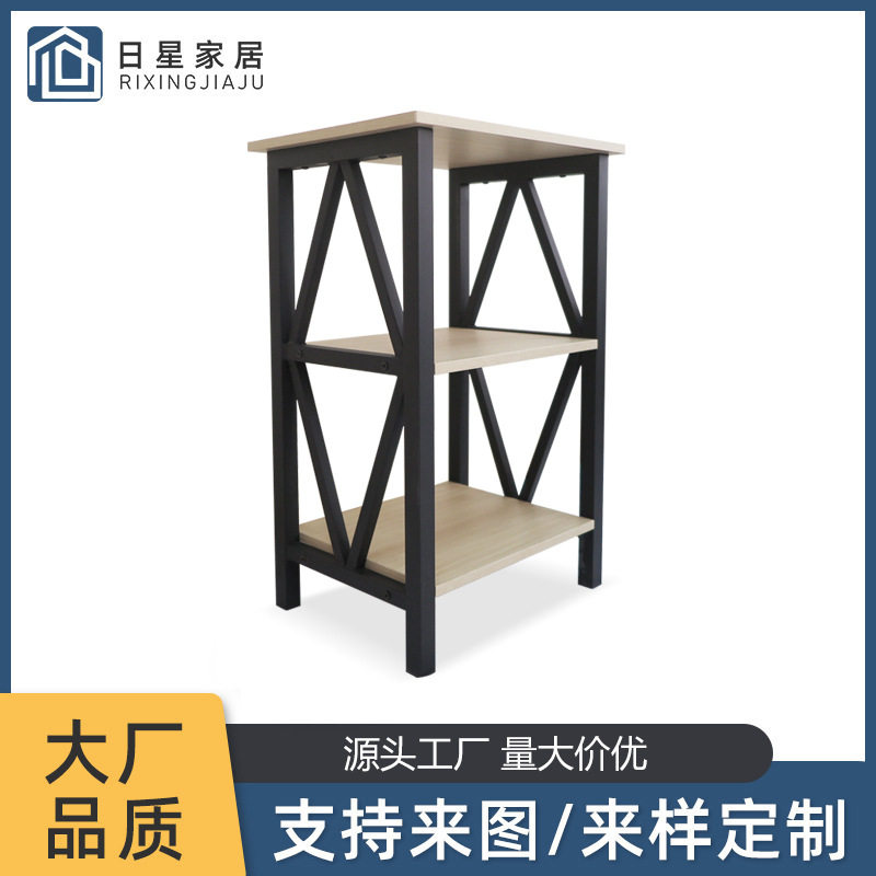 沙发边桌储物柜 床头柜带 3 层支柱工业设计木纹桌黑色金属框架