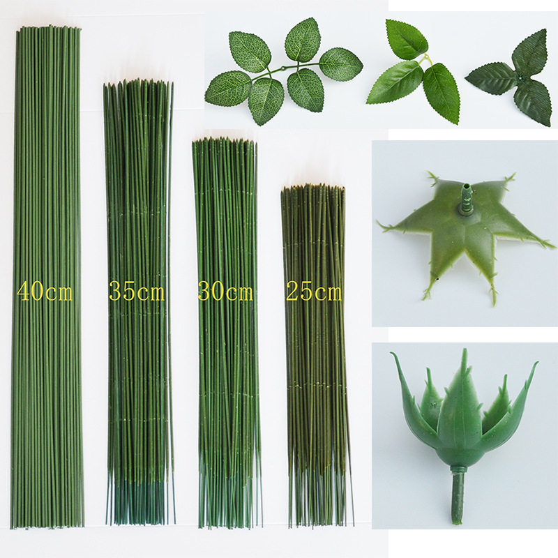 2号胶包花杆手工材料绿花杆玫瑰绿铁丝杆叶子花枝花托底座