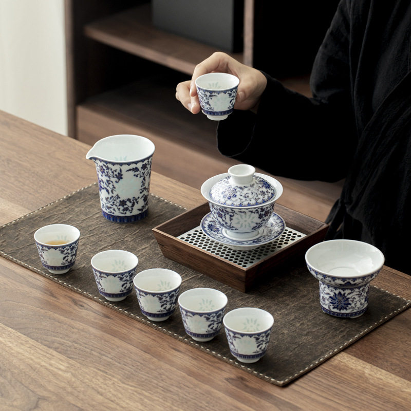 亮光白玲珑青花莲韵陶瓷盖碗茶具套装玲珑瓷轻奢家用办公室泡茶具