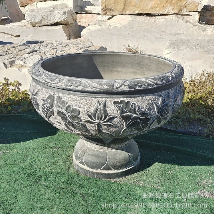 石雕花盆青石仿古石雕花盆鱼缸天然大理石做旧工艺鱼缸庭院摆件