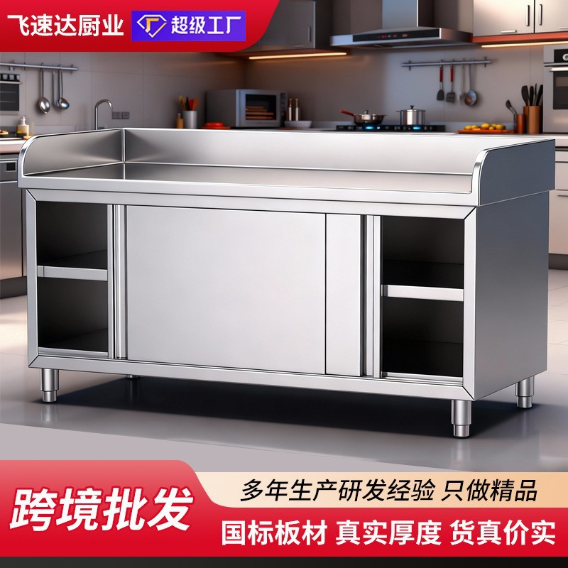 跨境推拉门工作台打荷台三边围不锈钢操作台酒店饭店整体焊接橱柜