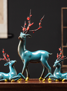 新中式家居客厅玄关陶瓷梅花鹿摆件新房酒柜电视柜桌X面装饰工艺