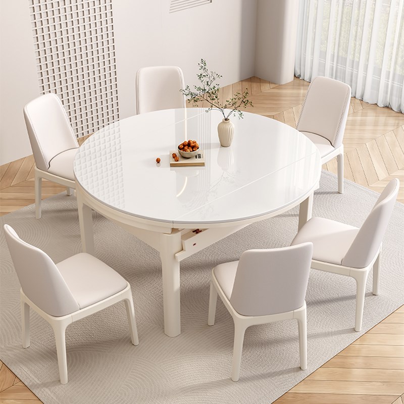 奶油风岩板实木餐桌可变圆桌家用B小户型伸缩饭桌现代简约轻奢桌