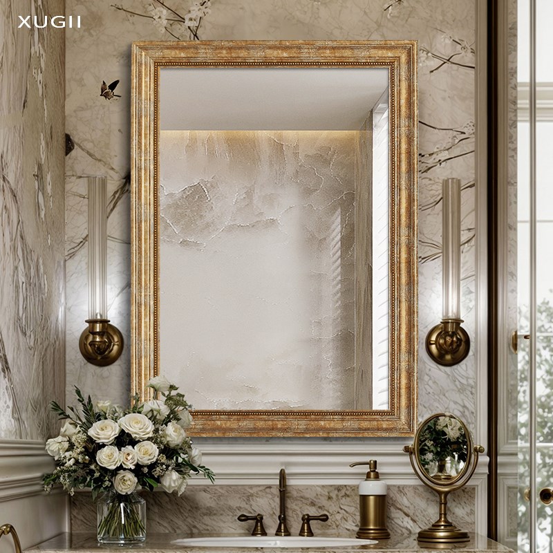 长方形法式轻奢镜子带框挂墙式洗手台卫生间化妆镜高清玻璃浴室镜
