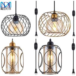 跨境复古农舍吊灯插入吊绳调光开关厨房岛琥珀色玻璃工业插头灯具