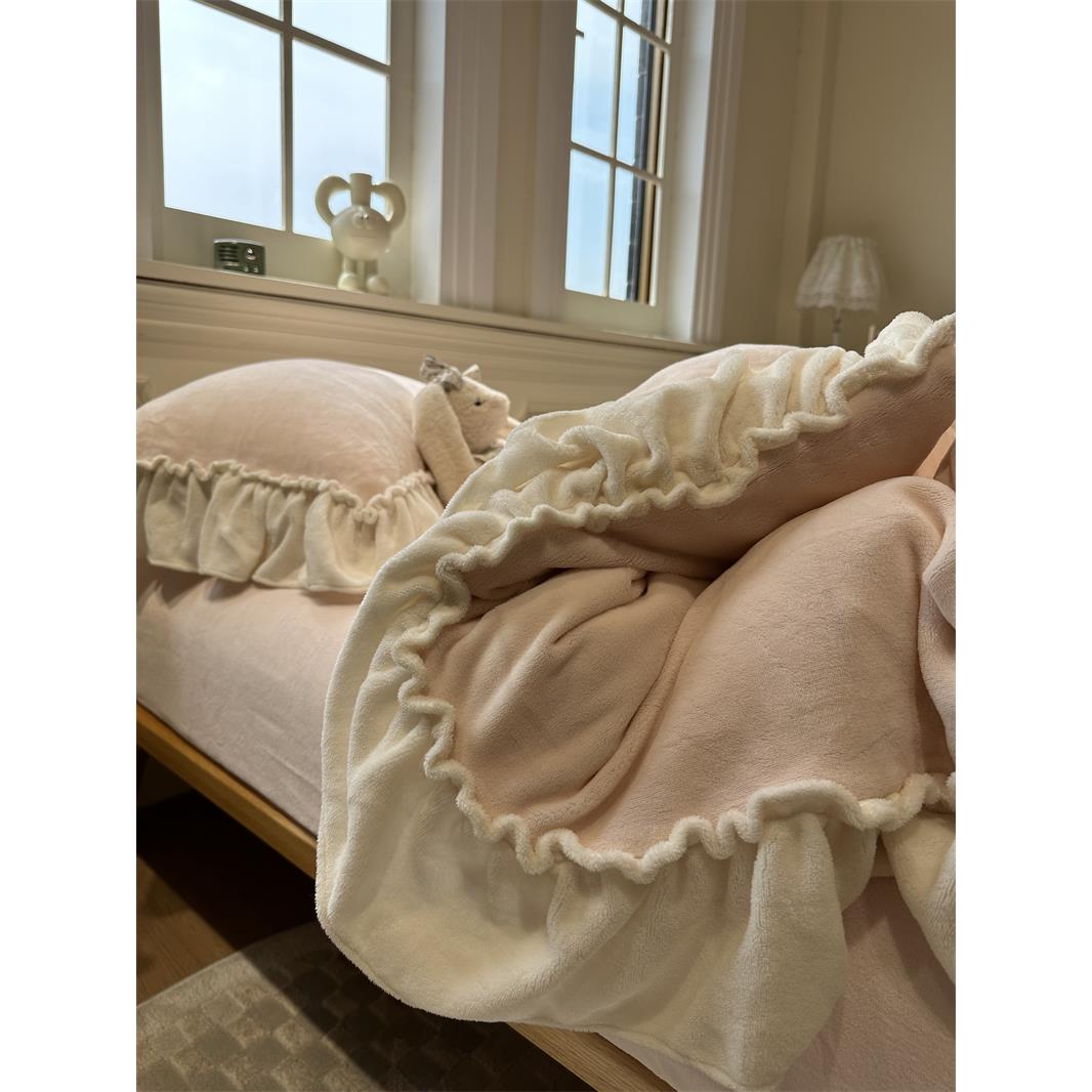 韩式复古牛奶绒皱皱花边公主悠悠粉四件套1.5m1.8米保暖法兰绒冬