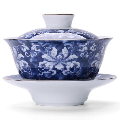 中正 描金青花瓷盖碗 日式陶瓷功夫茶具三才碗 家用泡茶敬茶碗