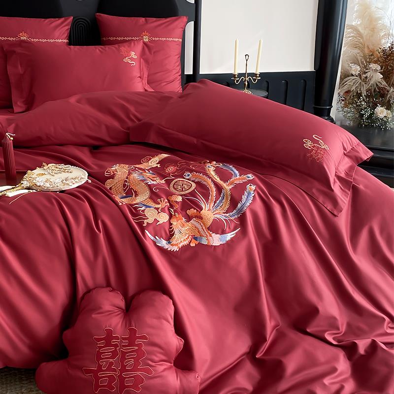 新中式龙凤婚庆四件套全棉100S长绒棉红色刺绣结婚被套床单床笠款