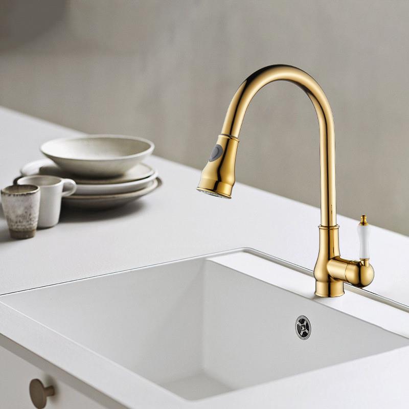适配全铜金色厨房抽拉式水龙头冷热洗菜盆洗碗池法式复古伸缩家用