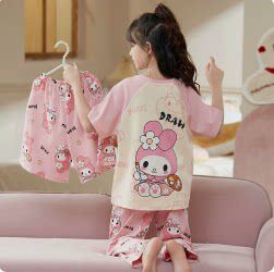 全棉三件套女童睡衣2026新款夏季纯棉薄款短袖长裤儿童女孩春秋家