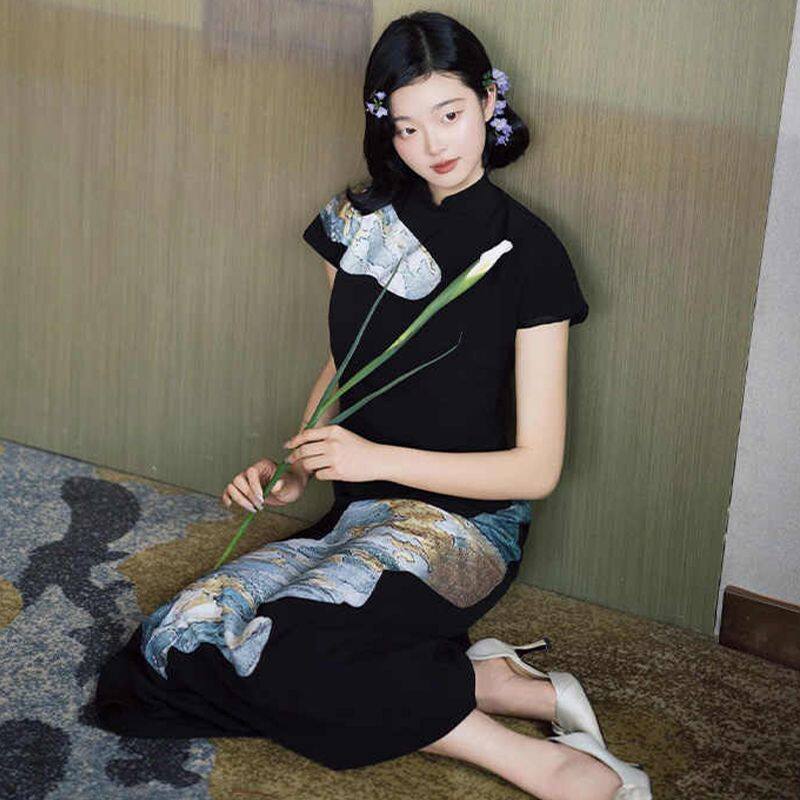 新中式高级感旗袍黑色新娘婚礼小众敬酒服新款晨袍订婚宴会礼服女