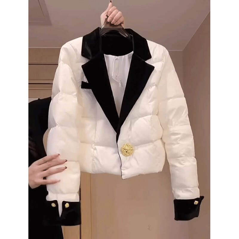 西装领白色短款棉服女冬