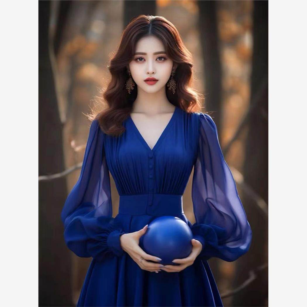 雪纺连衣裙灯笼袖v领长袖收腰显瘦高端精致好看度假风泡泡袖长裙