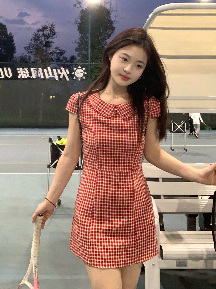 少女日常/女装夏季2024新款中长裙子短袖连衣裙娃娃领小个子裙子