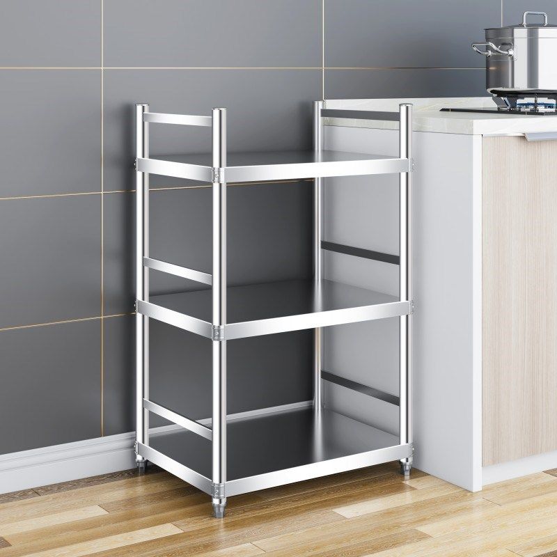 不锈钢置物架厨房带围栏微波炉纳架F调料架三层落地锅碗餐厅层架