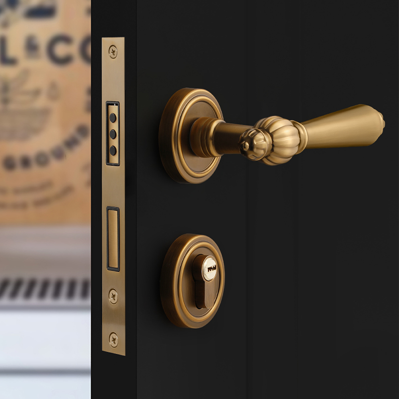 法式卧室门锁f室内房间木门锁黄古铜复古门把手磁吸静音欧式房门