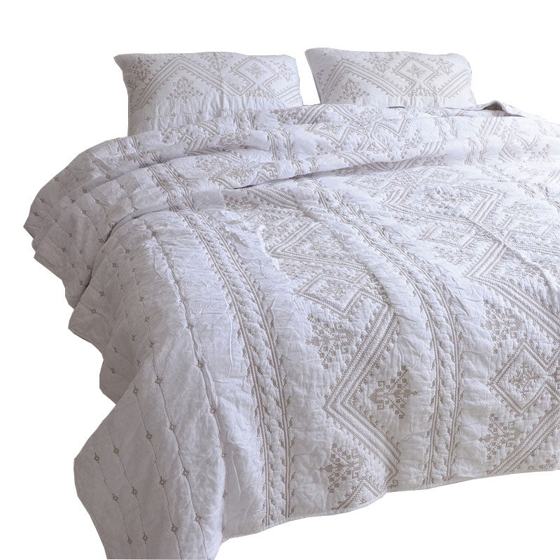 刺绣纯色a外贸原单出口美式床盖绗缝被三件套欧式纯棉床罩床单白