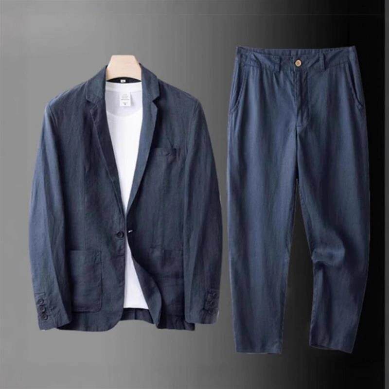 春树集服饰专营16男士夏季韩版亚麻西服套装薄款棉麻休闲宽松套装