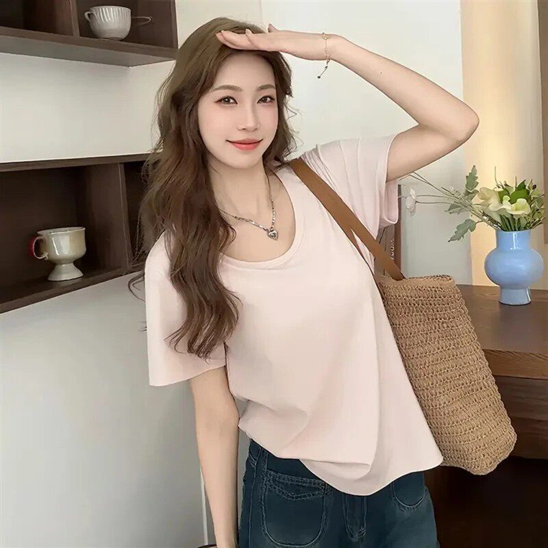 罗蔓精选22026新款夏季慵懒风U领宽松短袖T恤女百搭纯色正肩t