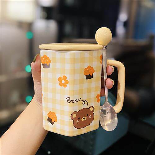 in风少女心陶瓷杯有盖勺子可爱吸管水杯咖啡杯早餐牛奶燕麦杯
