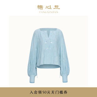 糖心旦TANGXINDAN2025春夏初霁 baby蓝 灯笼袖 上衣肌理感针织衫