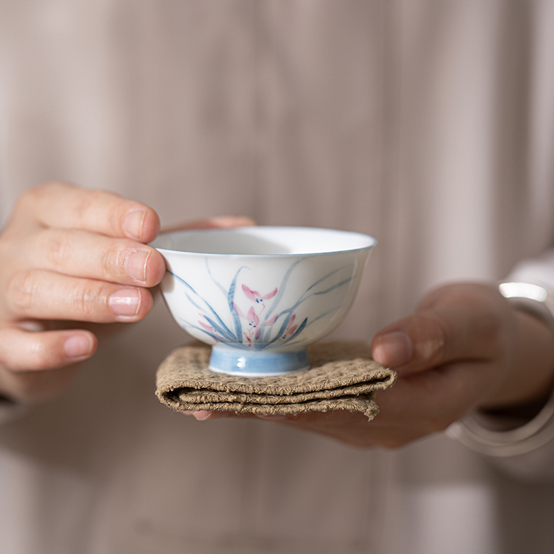 羊脂玉瓷手绘兰花花瓣杯陶瓷品茗杯单杯个人专用高端主人杯茶杯