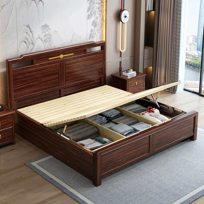 实木床新中式乌金木家用禅意1.8米1.5双人储物床现代简约单人大床