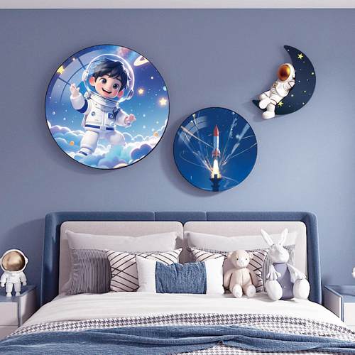 0创意灯画儿童房卧室床头装饰画圆形挂画粉色女孩房间布置墙面壁