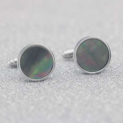 潮流简约圆形天然白贝壳袖扣男女士cufflink法式衬衫袖口银色袖钉