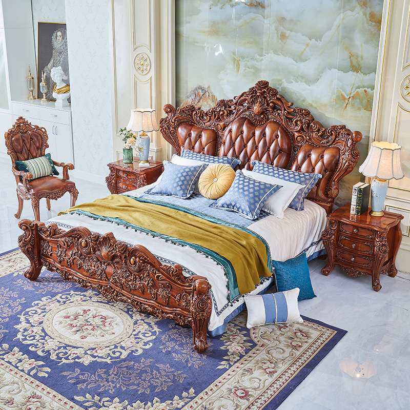 欧式实木床1.8米双人床主卧公主床深棕色床简欧真皮床法式雕刻床