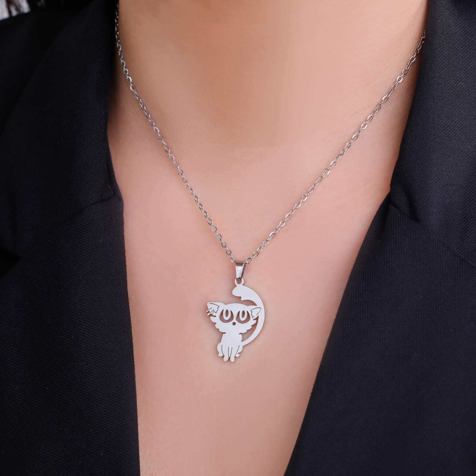 外贸出口热销时尚款可爱简笔画动物系列吊尾巴猫猫吊坠不锈钢项链