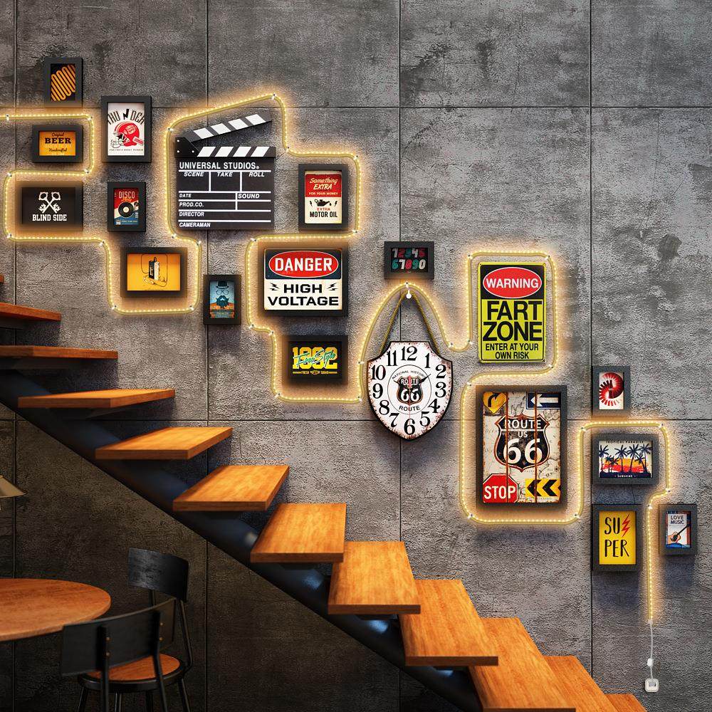 0高分子3264复古工业风LED灯带楼梯照片墙组合相框发光装饰画框架