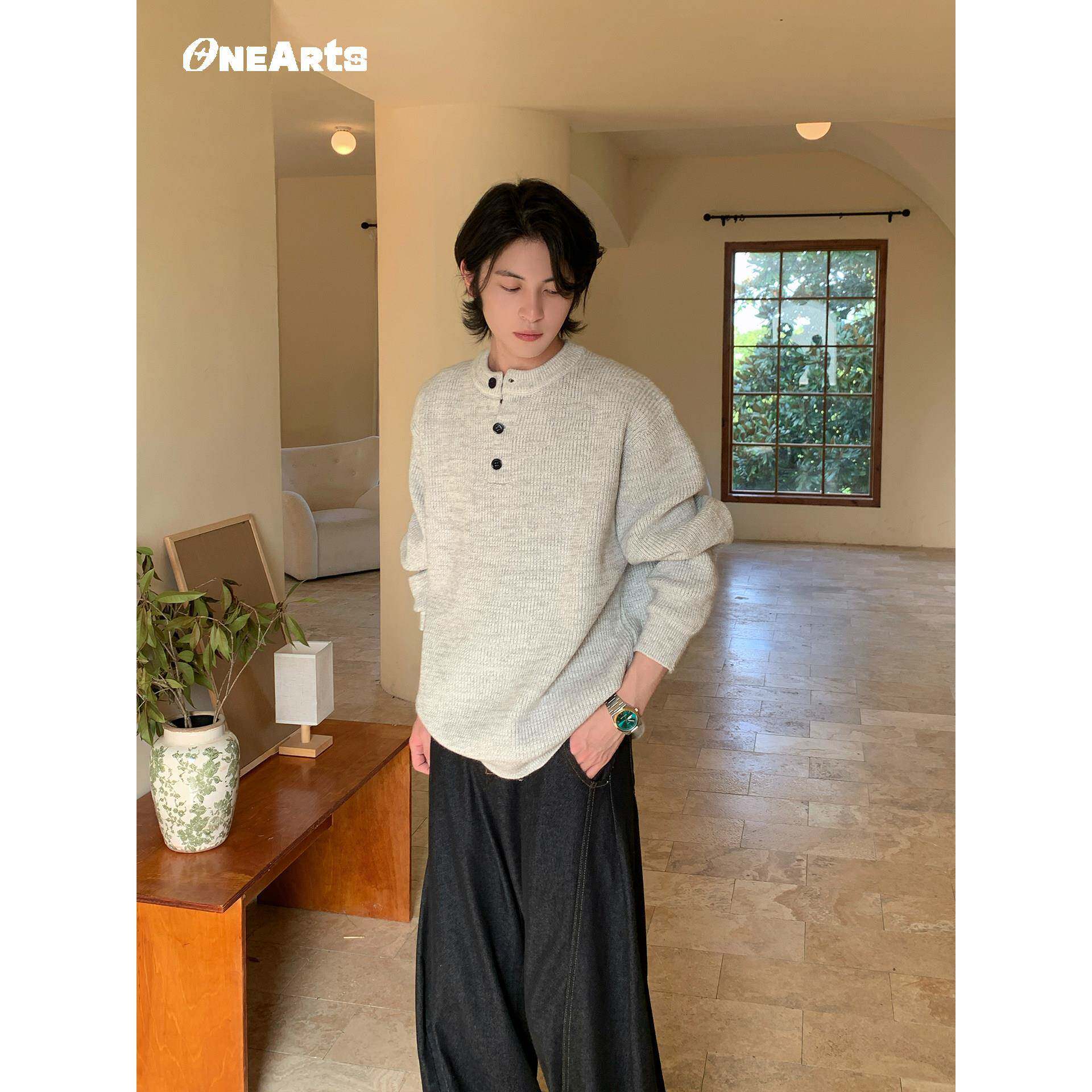 ONEARTS卡其色老钱风套头毛衣外套男款秋亨利领慵懒高级感针织衫