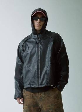 F2CE解构拼接重磅立领黑皮衣宽松机车皮夹克男廓形vibe休闲潮外套
