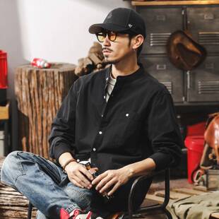 杰雷诺覆古立领衬衫男长袖秋季2025新款潮流宽松休闲黑色男士衬衣