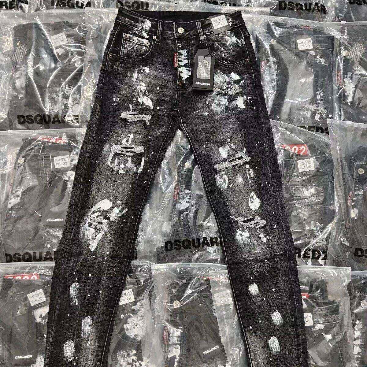 美式高街d2轻奢穿搭泼墨牛仔裤假破洞修身潮牌休闲男女同款长裤潮