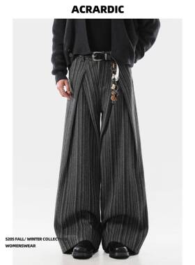 ACRARDIC潮牌设计感打褶条纹西裤男士美式覆古直筒阔腿休闲长裤子
