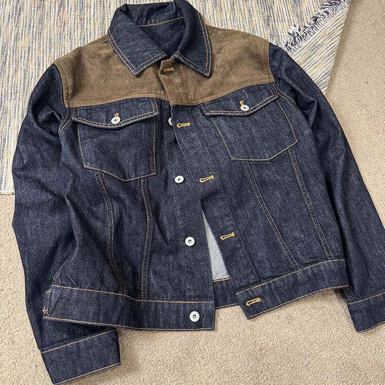 MANUSCRIPT巴恩风牛仔夹克 麂皮拼接明线原色牛仔外套 正肩外套