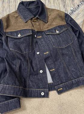 MANUSCRIPT巴恩风牛仔夹克 麂皮拼接明线原色牛仔外套 正肩外套