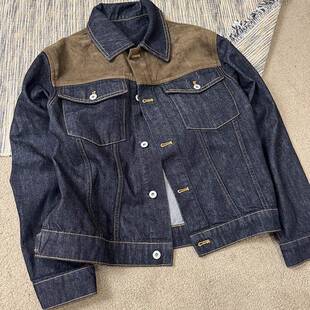 MANUSCRIPT巴恩风牛仔夹克 麂皮拼接明线原色牛仔外套 正肩外套