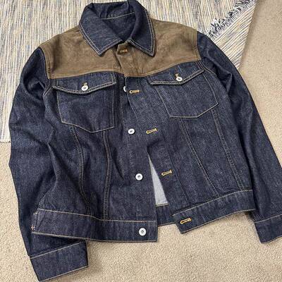 MANUSCRIPT巴恩风牛仔夹克 麂皮拼接明线原色牛仔外套 正肩外套