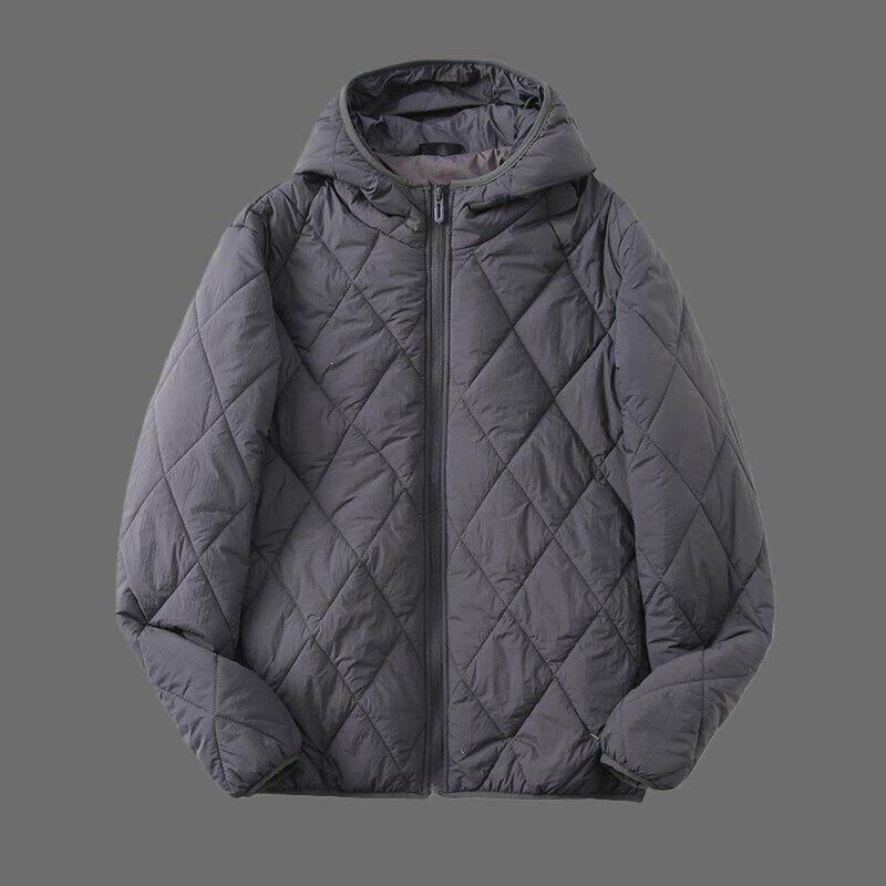 冬季韩版棉衣日系棉服男士秋冬轻薄保暖工装夹克连帽男棉服菱形格