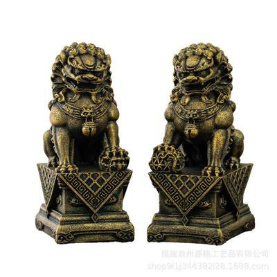 VZT国潮中式青砂石石狮一家对摆件造景瑞兽鱼桌面居客厅装缸饰品