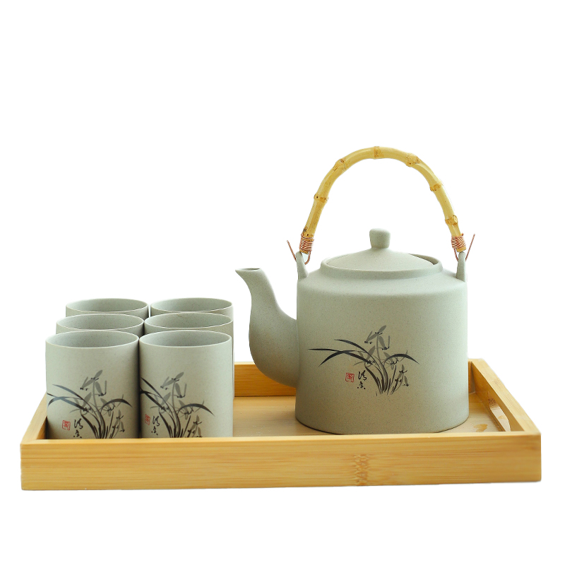 素色粗陶大容量提梁壶茶具套装整套一壶六L杯中式餐厅水壶水杯家